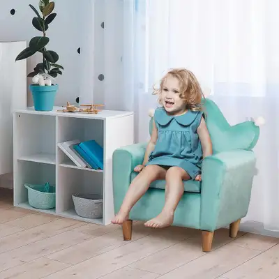 Cute Princess Soft Velvet Padded Sofa Chair Couch w Armrests for Kids Toddlers, Mint Blue Green
