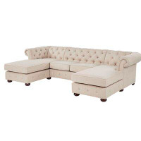 Three Posts Huskins 116" Linen Rolled Arm Chesterfield Sofa Chaise with Reversible Cushions