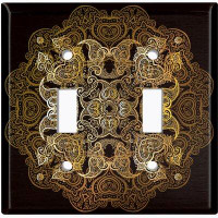 WorldAcc Metal Light Switch Plate Outlet Cover (Yellow Circle Mandala Black  - Double Toggle)