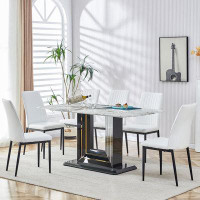 Audiohome 7-Piece Faux Marble Dining Table Set, Glass Rectangular Kitchen Table For 6-8, Modern  Faux Marble Dining Room