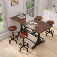 Williston Forge 5-Piece Dining Table Set, 59" Wooden Sofa Side Table With Stabilizing Base, Rustic Brown Industrial Adju