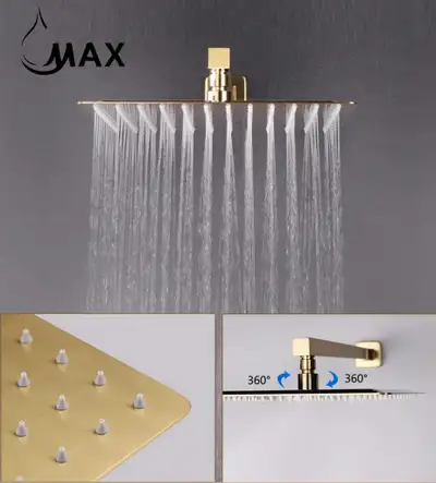 Shower Head High Pressure Ultra-Thin Square Shape Design 12 In Brushed Gold Finish