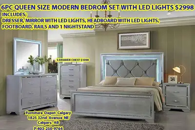 6pc queen size grey bedroom set with led lights $2998