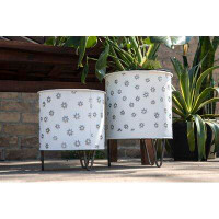 August Grove August Grove Set Of 2 White Floral Pattern Galvanized Metal Planters
