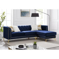 Everly Quinn Naia 2-piece Blue Reversible Sectional In Velvet Fabric With Pillows