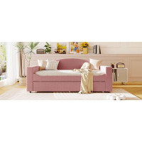 Latitude Run® Teddy Fleece Twin Size Daybed With Storage, Trundle And Bluetooth, Pink Upholstered Daybed With Armrests