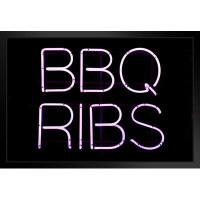 Trinx BBQ Ribs Neon Sign Illuminated Photo Art Print Black Wood Framed Poster 20X14