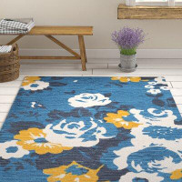 August Grove Elmsford Floral Handwoven Cotton Blue Area Rug
