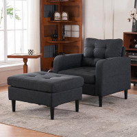 Latitude Run® Dark Grey Armchair & Storage Ottoman Combo: Tufted Single Sofa With Cup Holders, Perfect For Living Room O
