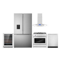 Cosmo 5 Piece Kitchen Package With 36" Freestanding Gas Range 36" Island Range Hood 24" Built-in Fully Integrated Dishwa
