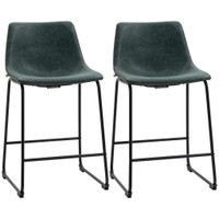 COUNTER HEIGHT BAR STOOLS SET OF 2, VINTAGE PU LEATHER BAR CHAIRS, KITCHEN STOOL WITH FOOTREST FOR HOME BAR GREEN