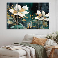 Design Art White Teal Plants In Chaos IV - Floral Canvas Print - 4 Panels