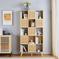 Bayou Breeze Natural Rattan Bookshelf, Wooden 5-Shelf Bookcase, Storage Organizer Bookshelf With Rattan Sliding Doors An