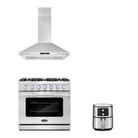 Cosmo 3 Piece Kitchen Package With 36" Freestanding Gas Range 36" Island Range Hood & 5.5L Electric Hot Air Fryer
