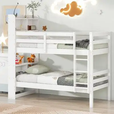 Harriet Bee Bunk Beds With Bookcase Headboard, Bed Frame With Safety Rail And Ladder