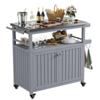 hosote Solid Wood Outdoor Grill Table Storage Cabinet With Stainless Steel Top, Movable Kitchen Island Prep Stand Statio