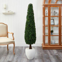 Primrue 63In. Boxwood Topiary Artificial Tree In White Planter UV Resistant (Indoor/Outdoor)