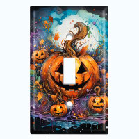 WorldAcc Metal Light Switch Plate Outlet Cover (Halloween Spooky Pumpkin Patch - Single Toggle)