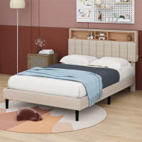 17 Stories Full Size Upholstered Platform Bed With Storage Headboard And USB Port, Linen Fabric Upholstered Bed
