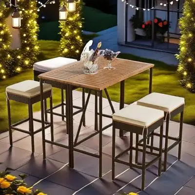 Disney 5-piece Patio Furniture Included Pe Rattan Wicker Dining Table And Four Stools With Cushions