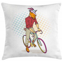 East Urban Home Ambesonne Retro Throw Pillow Cushion Cover, Hipster Goat On Bicycle Fashion Model Horns Hooves Teenager