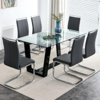 Wrought Studio Large Modern Minimalist Rectangular Glass Dining Table With Glass Tabletop And White MDF Trapezoid Bracke