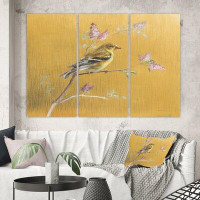 Made in Canada - East Urban Home Farmhouse 'Gold Bird on Blossoms III' Painting Multi-Piece Image on Canvas