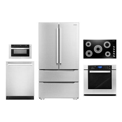 Cosmo 5 Piece Kitchen Package With 36" Electric Cooktop 30" Single Electric Wall Oven 24" Built-in Microwave Drawer  Sta in Refrigerators