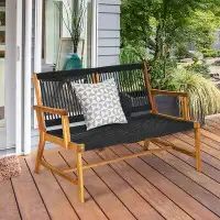 Highland Dunes Latitude Run® 2-person Patio Acacia Wood Bench Loveseat Chair Garden Furniture Black