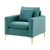 Everly Quinn Chic Home Ilaina Club Chair Velvet Upholstered Loose Back Design Gold Tone Metal Y-Legs With Decorative Pil