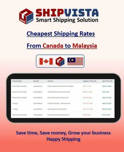 ShipVista provides the cheapest shipping rates from Canada to Malaysia. Whether you are an individua...