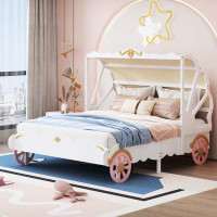 Zoomie Kids Full Size Princess Carriage Bed With Canopy, Wood Platform Car Bed With 3D Carving Pattern