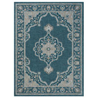 Bungalow Rose Dark Cyan Traditional Persian Themed Polypropylene Outdoor Rug and Ivory Accents