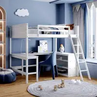 Harriet Bee Full Size Loft Bed With Shelves And Desk, Wooden Loft Bed With Desk - White