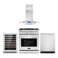 Cosmo 4 Piece Kitchen Package With 30" Freestanding Gas Range 30" Island Mount Range Hood 24" Built-in Fully Integrated