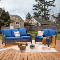 Ebern Designs Wicker 5 - Person Seating Group With Fire Pit And Cushions