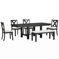 Red Barrel Studio Farmhouse 82Inch 6-Piece Extendable Dining Table With Footrest, 4 Upholstered Dining Chairs And Dining
