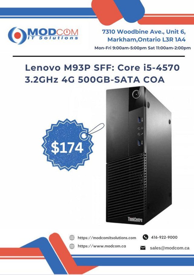 Lenovo ThinkCentre M93P SFF Desktop Computer: Core i5-4570 3.2GHz 4G 500GB-SATA COA PC Off Lease For Sale!! in Desktop Computers