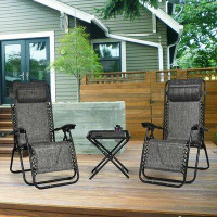 Arlmont & Co. 3 Pcs Folding Portable Zero Gravity Reclining Lounge Chairs Table-Grey
