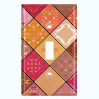 WorldAcc Metal Light Switch Plate Outlet Cover (Vintage Red Elegant Diagonal Pattern - Single Toggle)