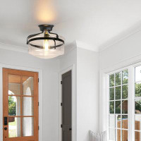 Breakwater Bay 1-Light Black Industrial Drum Semi Flush Mount Ceiling Light With Clear Glass Shade For Hallway Porch