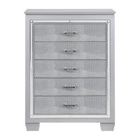 House of Hampton Glamourous Silver Finish 1Pc Chest Of 5X Dovetail Drawers Faux Alligator Embossed Fronts Bedroom Furnit