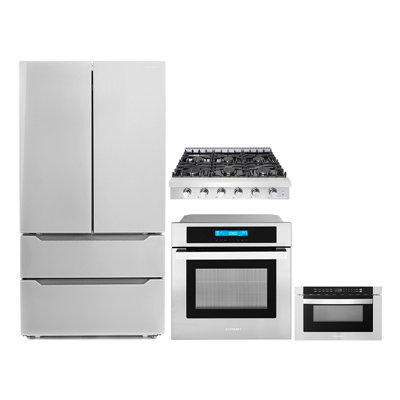 Cosmo 4 Piece Kitchen Package 36" Slide-in Gas Cooktop 24" Single Electric Wall Oven 24" Built-in Microwave Drawer & Ene in Refrigerators