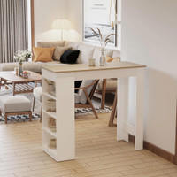 BAR TABLE, HIGH TOP PUB TABLE WITH 4 STORAGE SHELVES, MODERN BAR HEIGHT TABLE FOR HOME BAR, KITCHEN, NATURAL