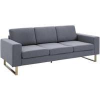 MODERN 3 SEAT SOFA, LINEN UPHOLSTERED COZY PADDED COUCH WITH STEEL LEG, BACKREST AND WIDE ARMREST, GREY