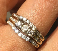 Brand New 3 pieces NATURAL Diamond engagement and weeding ring in 14K Gold  (Size 6.5),  Could be used as cocktail ring