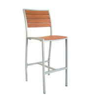 ERF, Inc. Outdoor Barstool With Grey Colour Aluminum Frame And Natural Coloured Teak Slat Seat And Back