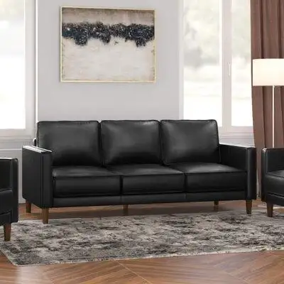 Wade Logan Armonni 79" Wide Black Top Grain Leather Sofa | Mid Century Modern 3 Seater Couch