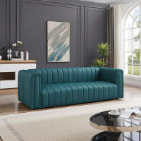 Hokku Designs Mid-Century Modern Blue Genuine Leather Channel Tufted Square Arm Sofa