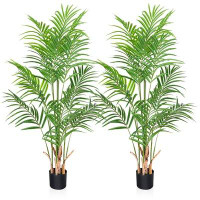 Primrue Adcock 2 Artificial Palm in Pot Set, Faux Green Palm Plant, Fake Palm Tree for Home Decor